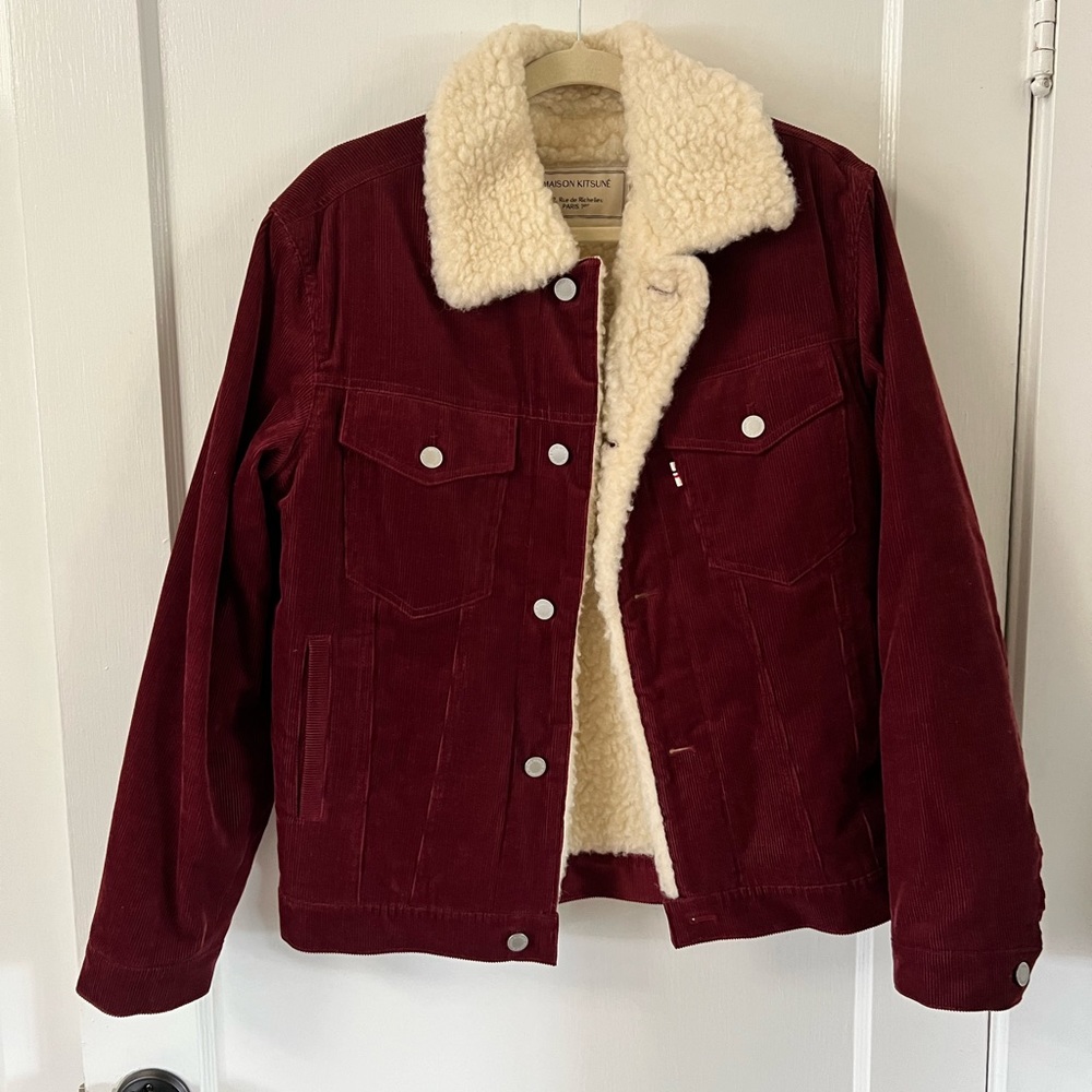 Maison Kitsune Corduroy Trucker Jacket in Burgundy - incredible condition-MEDIUM